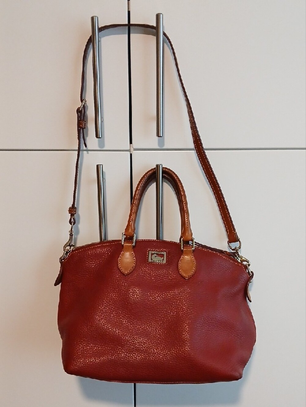 Dooney & Bourke Burgundy Pebbled Leather Satchel with Tan Accents